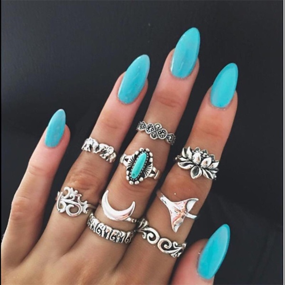 9pcs turquoise silver color ring set, bohemian